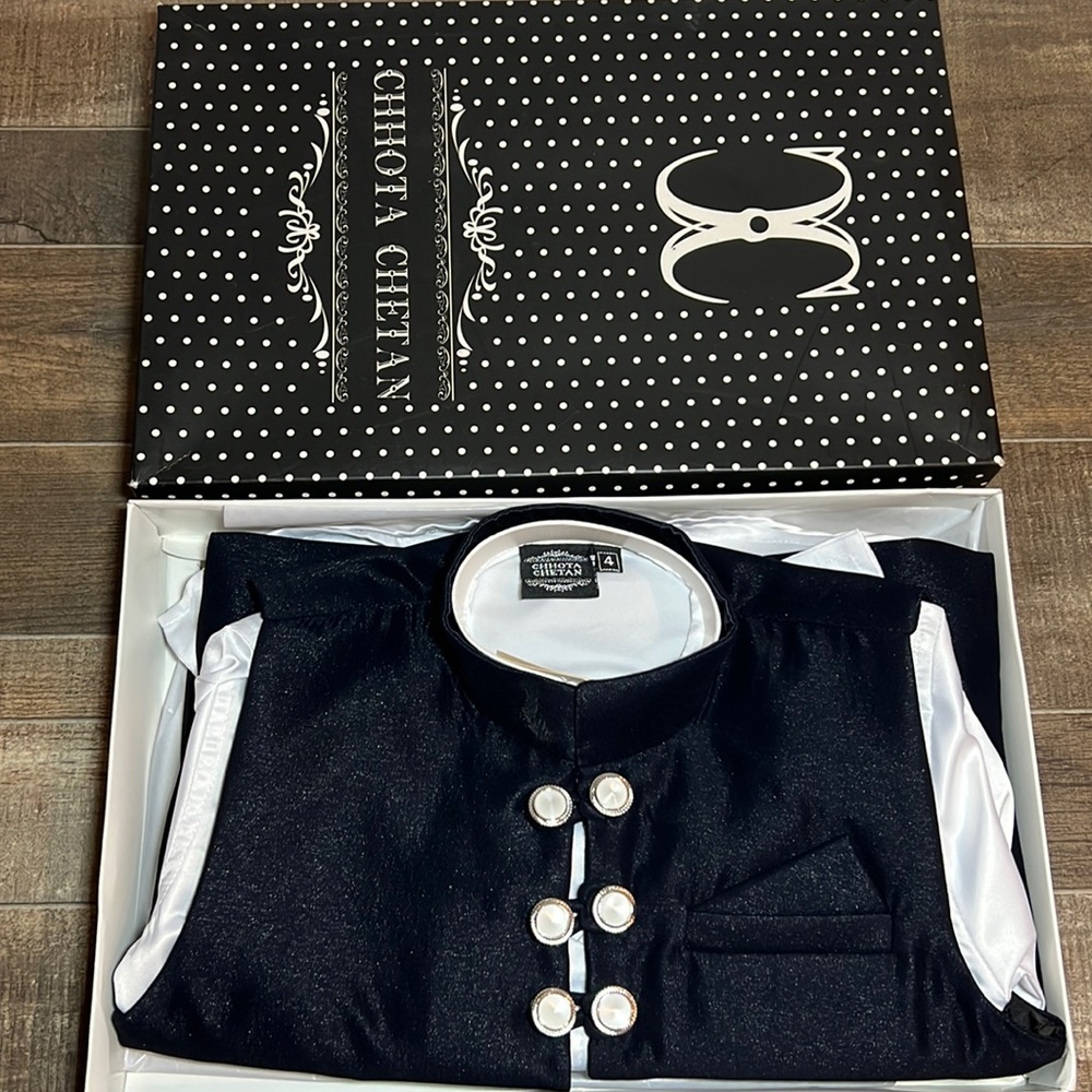 Indian Asian Formal Wear Boys 3 Piece Kurta Suit Shiny Black White